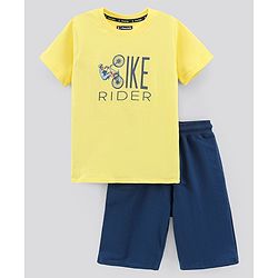 Pine Kids Half Sleeves Biowashed Cotton T-Shirt And Shorts Set Like Rider Print - Yellow Blue