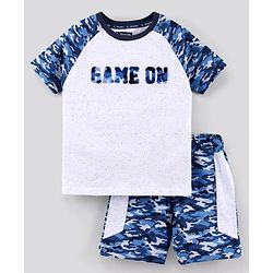 Pine Kids Half Sleeves Bio Washed Cotton T-Shirt With Knee Length Shorts Game On Embroidery And Camo Print - Blue Grey