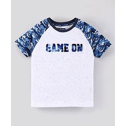 Pine Kids Half Sleeves Bio Washed Cotton T-Shirt With Knee Length Shorts Game On Embroidery And Camo Print - Blue Grey