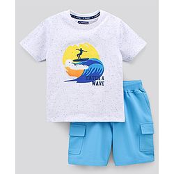 Pine Kids Half Sleeves Biowashed Cotton T-Shirt And Knee Length Shorts Set With Side Pockets Catch A Wave HD Print - White Blue