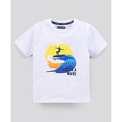Pine Kids Half Sleeves Biowashed Cotton T-Shirt And Knee Length Shorts Set With Side Pockets Catch A Wave HD Print - White Blue