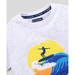 Pine Kids Half Sleeves Biowashed Cotton T-Shirt And Knee Length Shorts Set With Side Pockets Catch A Wave HD Print - White Blue