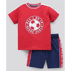 Pine Kids Half Sleeves Cotton T Shirt And Shorts Set Football Print - Red Blue