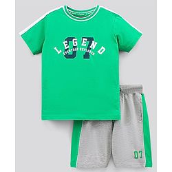 Pine Kids Bio Washed Half Sleeves T Shirt  and Shorts Set Text Print - Green