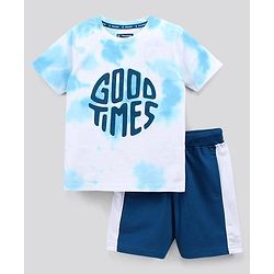 Pine Kids Half Sleeves Biowashed Cotton T-Shirt And Knee Length Shorts Set With Side Pockets Good Times HD Print - Blue