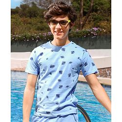 Pine Kids Bio Washed Half Sleeves T Shirt  and Shorts Set Leaf Print - Blue