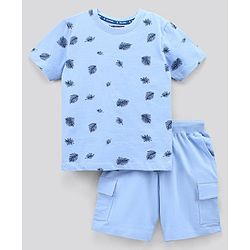 Pine Kids Bio Washed Half Sleeves T Shirt  and Shorts Set Leaf Print - Blue