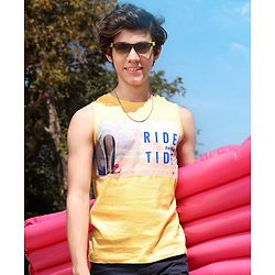 Pine Kids Sleeveless Bio Washed T-Shirt Beach Print - Yellow