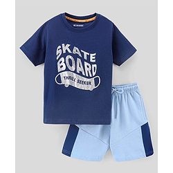 Pine Kids Half Sleeves Biowashed T-Shirt & Shorts Set Text Print - Blue