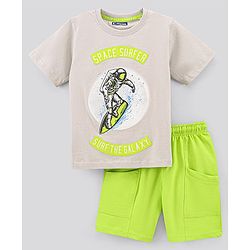 Pine Kids Half Sleeves Biowashed T-Shirt & Shorts Set Surfing & Text Print - Cream Green