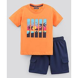Pine Kids Half Sleeves Biowashed T-Shirt & Shorts Set Beach Print - Orange Blue
