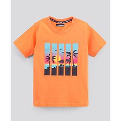 Pine Kids Half Sleeves Biowashed T-Shirt & Shorts Set Beach Print - Orange Blue