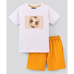 Pine Kids Half Sleeves Biowashed T-Shirt & Shorts Set Football & Play Print - Orange White