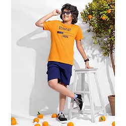 Pine Kids Half Sleeves Biowashed T-Shirt & Shorts Set Scientist Print - Orange