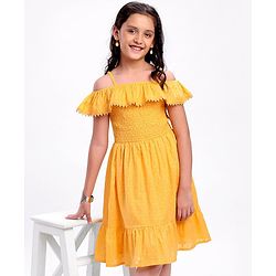 Pine Kids Cotton Woven Singlet Frock Cold Shoulder - Golden