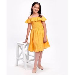 Pine Kids Cotton Woven Singlet Frock Cold Shoulder - Golden