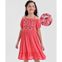Pine Kids Cold Shoulder Embroided Flared Dress - Fuchsia