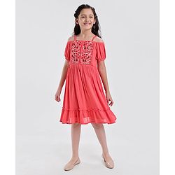 Pine Kids Cold Shoulder Embroided Flared Dress - Fuchsia