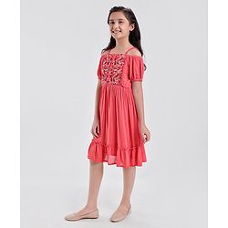 Pine Kids Cold Shoulder Embroided Flared Dress - Fuchsia