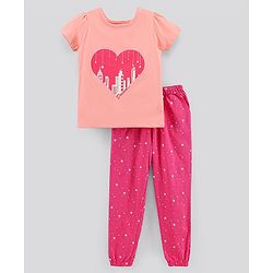 Pine Kids Half Sleeves Biowashed Top & Pyjama Nightwear Set Heart & Stars Print - Peach Pink