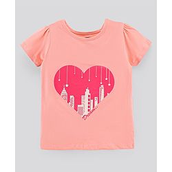 Pine Kids Half Sleeves Biowashed Top & Pyjama Nightwear Set Heart & Stars Print - Peach Pink