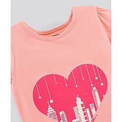 Pine Kids Half Sleeves Biowashed Top & Pyjama Nightwear Set Heart & Stars Print - Peach Pink