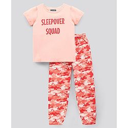 Pine Kids Half Sleeves Bio Washed Pyjama Set Text Print - Peach