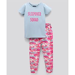 Pine Kids Half Sleeves Biowashed Top & Pyjama Nightwear Set Text & Camouflage Print - Blue Pink