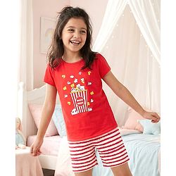 Pine Kids Bio Washed Half Sleeves T Shirt and Shorts Set Popcorn Print - Red