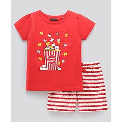 Pine Kids Bio Washed Half Sleeves T Shirt and Shorts Set Popcorn Print - Red