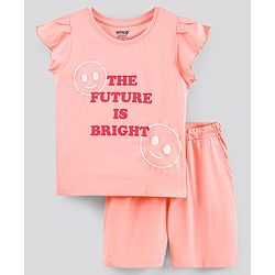 Pine Kids Bio-Washed Frill Sleeves Cotton Shorts Set Text Printed - Peach