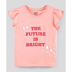 Pine Kids Bio-Washed Frill Sleeves Cotton Shorts Set Text Printed - Peach