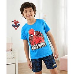 Pine Kids Bio-Washed Half Sleeves Cotton Shorts Set Marvel Spiderman Printed - Blue