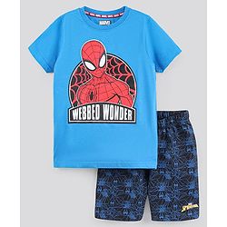 Pine Kids Bio-Washed Half Sleeves Cotton Shorts Set Marvel Spiderman Printed - Blue