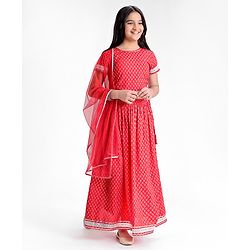 Pine Kids Half Sleeves Choli & Lehenga Set With Dupatta Printed- Red