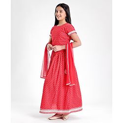 Pine Kids Half Sleeves Choli & Lehenga Set With Dupatta Printed- Red