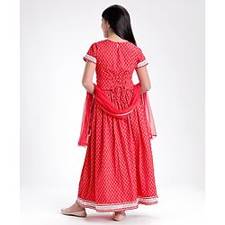 Pine Kids Half Sleeves Choli & Lehenga Set With Dupatta Printed- Red