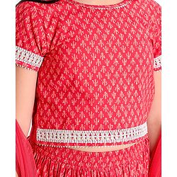 Pine Kids Half Sleeves Choli & Lehenga Set With Dupatta Printed- Red