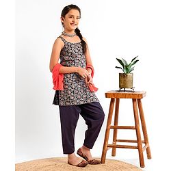 Pine Kids Sleeveless Printed Kurti & Churidar Set With Dupatta - Navy Blue