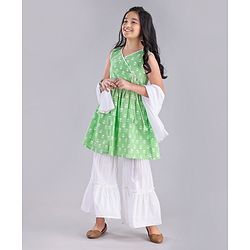Pine Kids Churidar and Kurti Set with Dupatta Floral Print - Green White