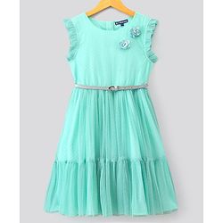Pine Kids Sleeveless Frock with Belt and Mesh - Sky Blue