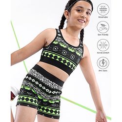 Pine Active High Stretch Breathable Sports Bra And Shorts Set Printed - Black Green