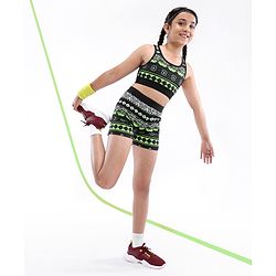 Pine Active High Stretch Breathable Sports Bra And Shorts Set Printed - Black Green