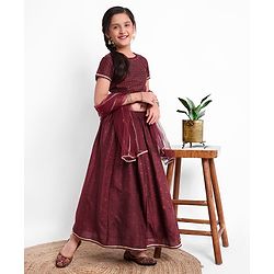 Pine Kids Half Sleeves Embroidered Choli with Lehenga and Dupatta - Maroon