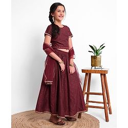 Pine Kids Half Sleeves Embroidered Choli with Lehenga and Dupatta - Maroon