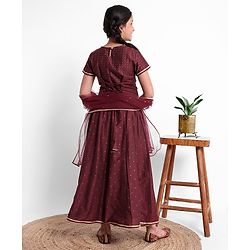 Pine Kids Half Sleeves Embroidered Choli with Lehenga and Dupatta - Maroon