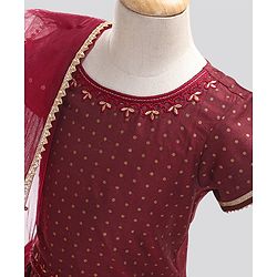 Pine Kids Half Sleeves Embroidered Choli with Lehenga and Dupatta - Maroon