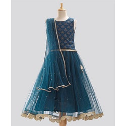 Pine Kids Half Sleeves Embroidered Choli with Lehenga and Dupatta - Blue