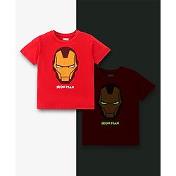 Pine Kids Half Sleeves Biowashed Glow In Dark T-Shirt Iron Man Print - Red