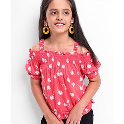 Pine Kids Off Shoulder Sleeves All Over Print Top - Red